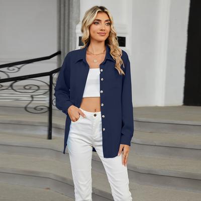 Women Spring Autumn Long Sleeve Lapel Solid Color Single Pocket Shirt Blouse Top
