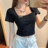 Square Neck Solid Retro T Shirt Women Summer Short Sleeve Tee Fashion Tank Tops Casual Crop Top Female T-shirt