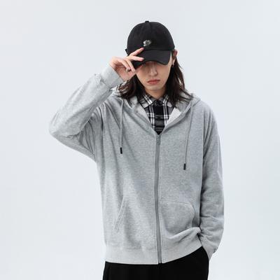 Fall Winter Terry Hooded Zipper Sweatshirt Unisex Cardigan Top Solid Color Casual Youthful Fashionable Loose-Fit Jacket