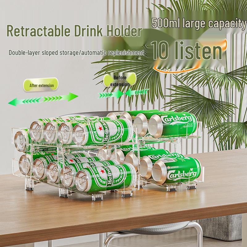 Retractable Transparent Double-Layer Refrigerator Storage Box for Easy-Pull Beverage Cans