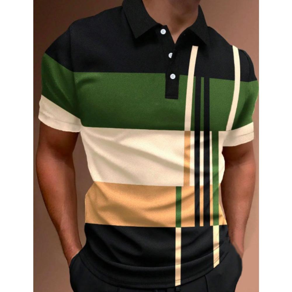 Fashionable New Men's Casual Polo Shirt Printed Striped Color Blocked T-shirt for Men