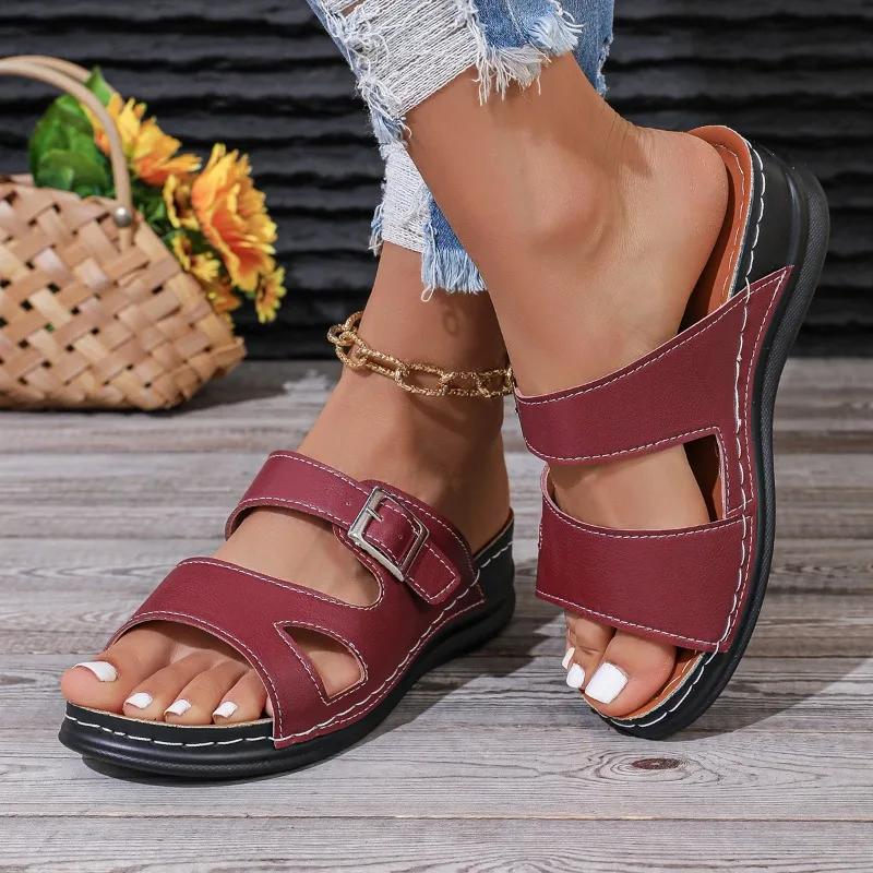 Mode 2024 Heißer Verkauf Schuhe Damen Zehenfrei Damen Hausschuhe Sommer Römische Schnalle Uni Outdoor Casual Strand Keil Große Größe Hausschuhe