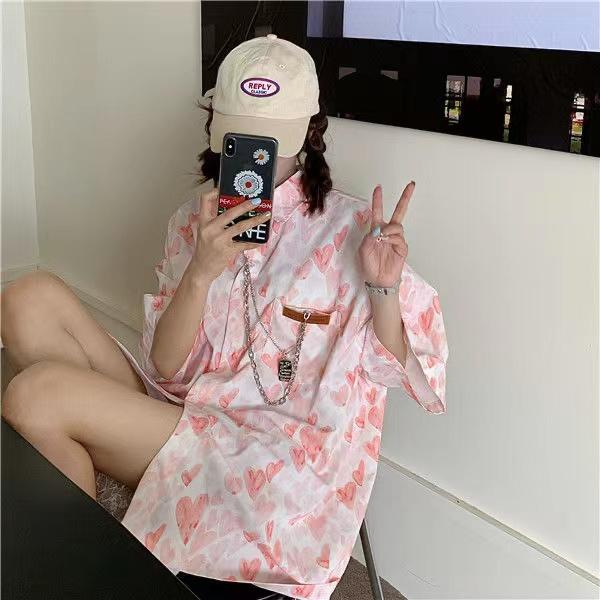 Summer Women Streetwear Printing Design Casual Top Loose Chain Single Breasted Oversized Blouses Shirt