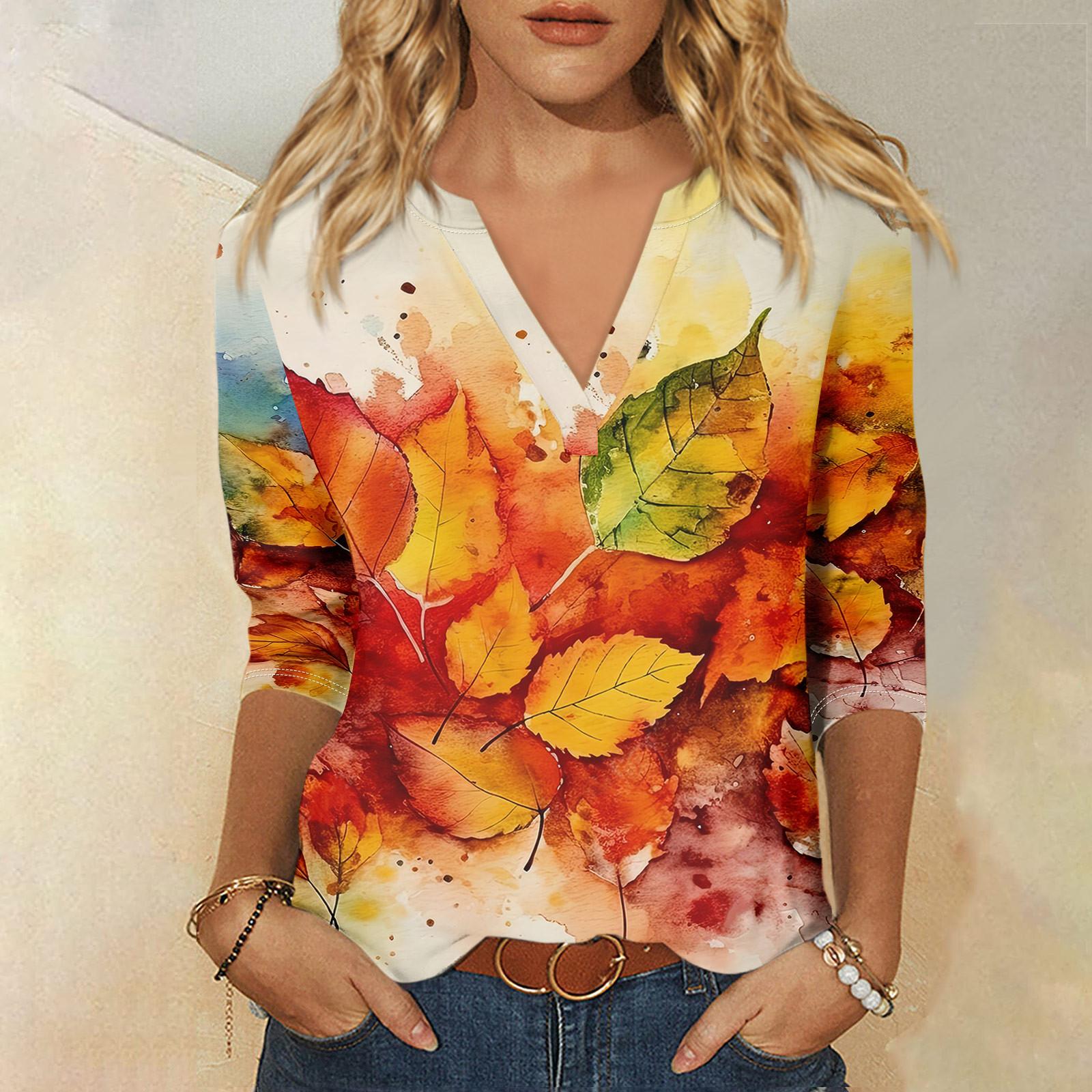 

Жіноча футболка з принтом і рукавами 3/4, щоденна мода на вихідні, базовий V-подібний виріз, звичайний топ XL шафрановий