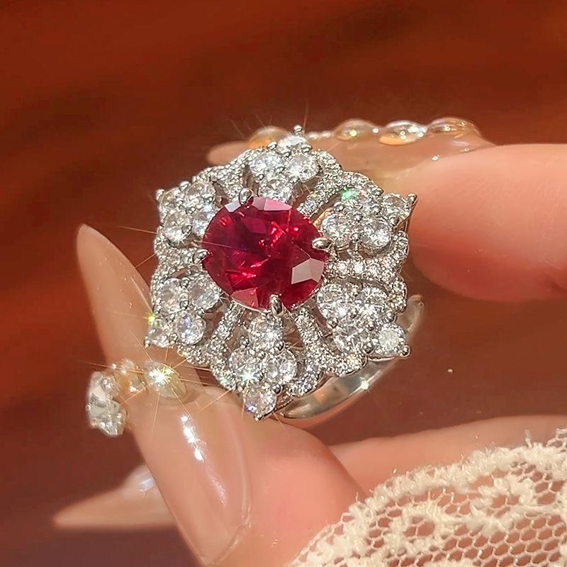 Jewelry Set Earrings Necklace Ring Light Luxury Heavy Industry Bright Pigeon Ruby Female