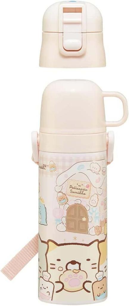 Skater Kids' Stainless Steel Water Bottle, 2-Way Design, 470ml (Direct Drinking) and 430ml (Cup Drinking), Sumikkogurashi Sweets Shop Design,