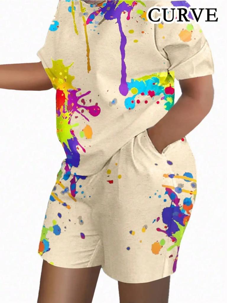 Summer Colorful Print Women Two-piece Sets Casual Short Sleeve Round Neck T-Shirt & Shorts Loungewear Short Sleeve Shorts Two-piece