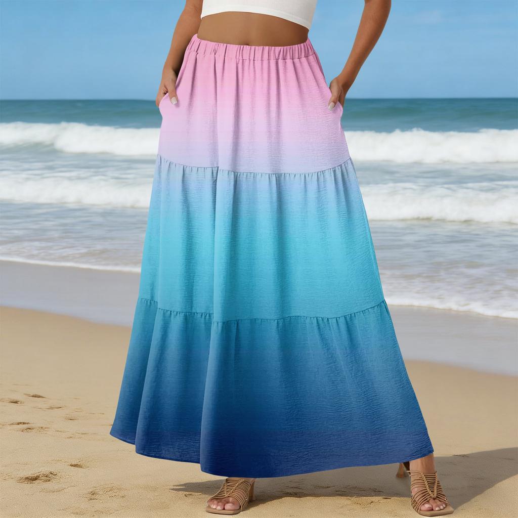 Women's Casual High Waist Drawstring A-line Skirt Color Skirt With Pockets