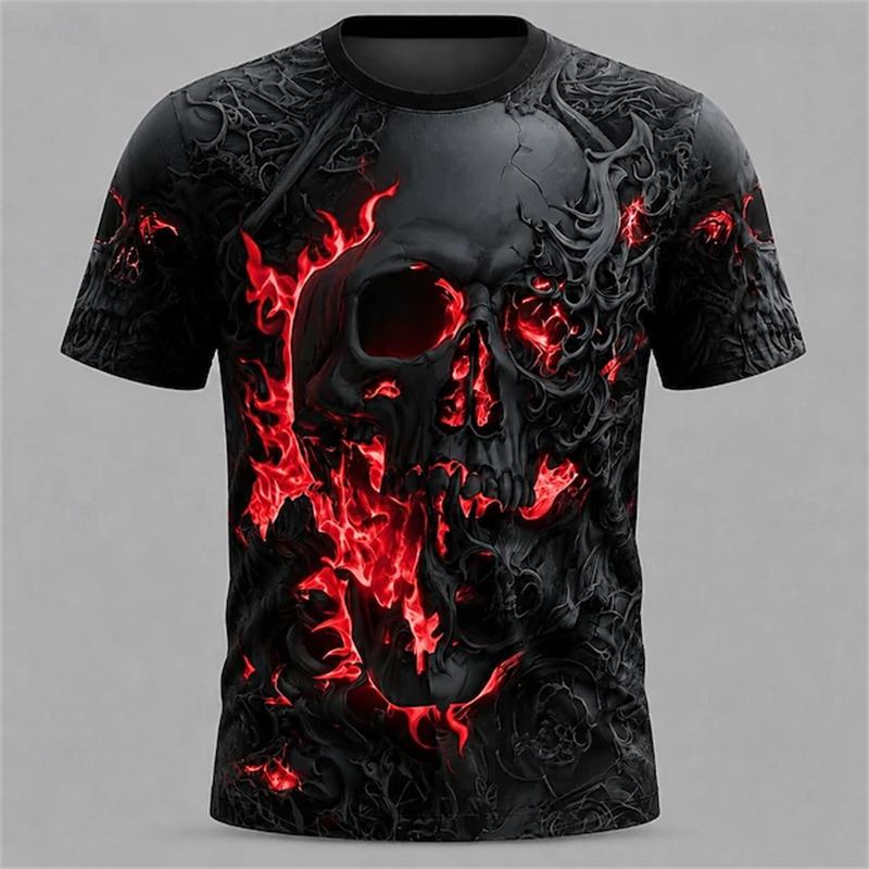 Men's New Summer Fashion Trend Round-Neck T-Shirt Giant Ram Skull Castle Wizard Dark Magic Hell Halloween-Themed Short-Sleeve