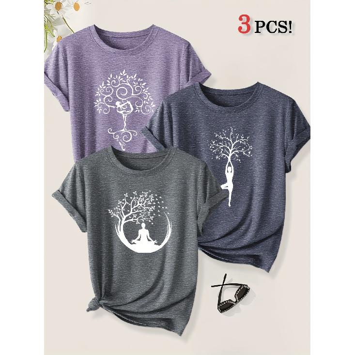 2026 3 Pack Harmony Between Man And Nature Yoga Print Women Short Sleeve T Shirts Casual Sports Holiday Tops Summer Autumn Tees
