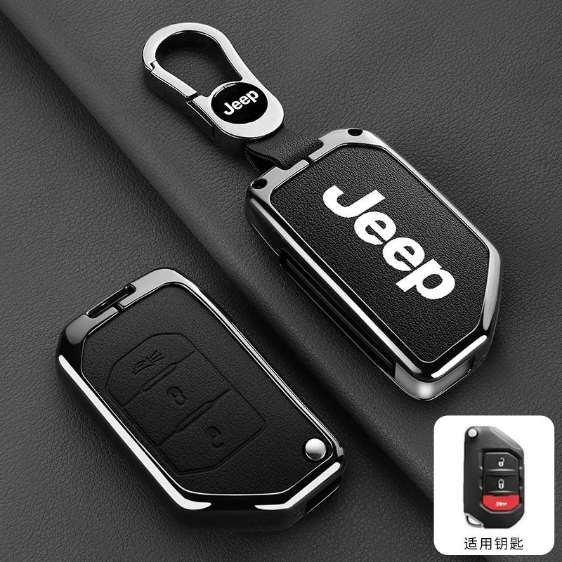 For Jeep Metal Leather Car Key Case Cover Shell Keychain for Jeep Wrangler Gladiator JL JLU Rubicon Sahara JLU JT 2018-2022 A