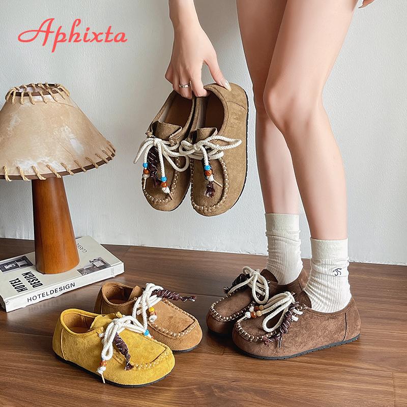 Aphixta Baumwollstoff Schnürschuhe Damen Fransen Nähen Gelb Slipper Schuhe Frau Flach mit Ethno-Schuhen Größe 41