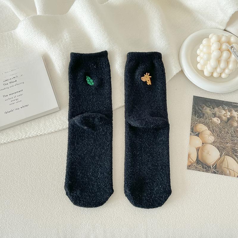 Australian Fleece Women's Mid-calf Socks, Thickened and Fleece Warm Sleep Socks, Cute Embroidered Postpartum Socks, Winter Long Socks