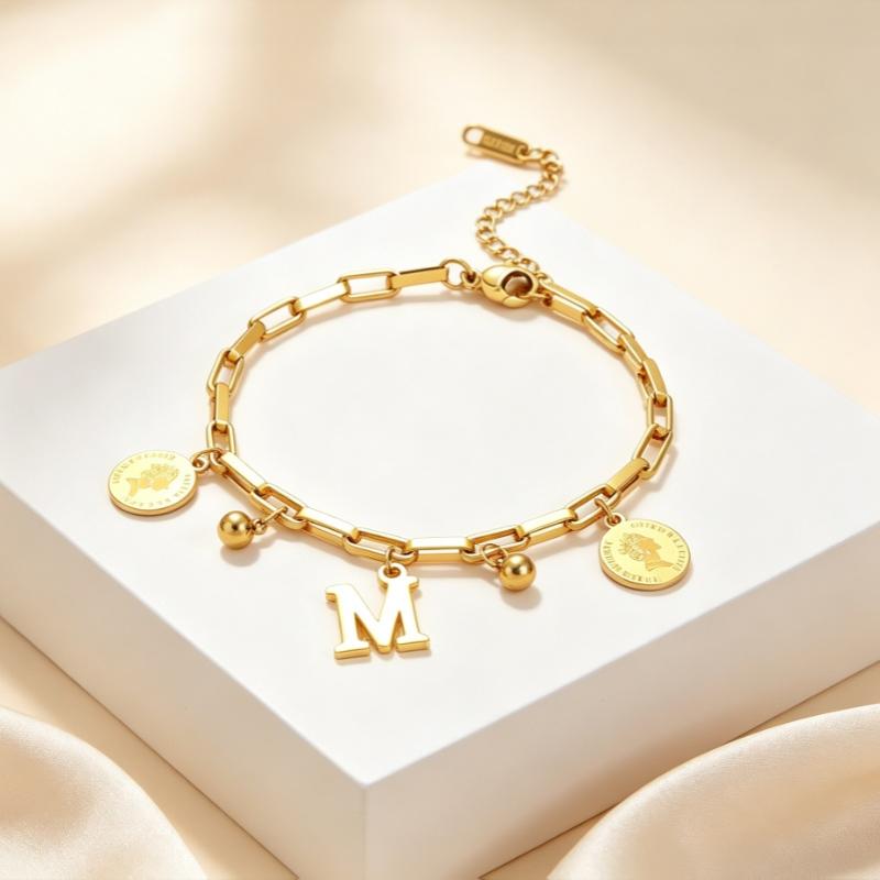 1Pcs Gold Plated Titanium Steel Bracelet With Initial M Charm And Coin Pendants Perfect For Daily Wear Gift For Women