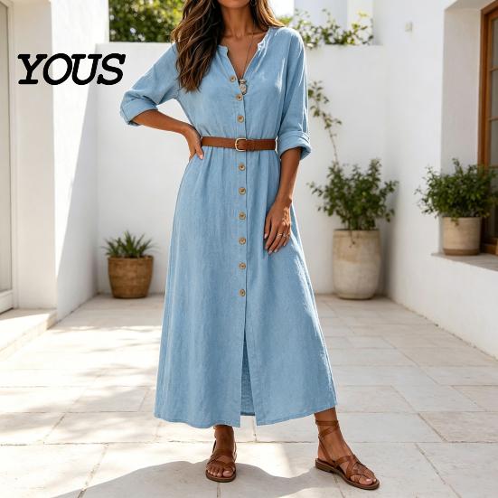 Retro Style Dress Women's Summer Button Down Long Dress, Casual Loose V Solid Color Neck Tunic Roll Up Sleeve Vacation Lounge Outfits Women