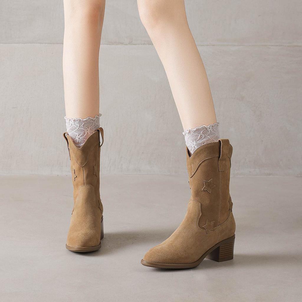 Krazing Pot Cow Suede Nubuck Winter Round Toe Modern Boots Med Heels Slip On Five-Star Decoration Women Mid-calf Boots