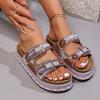 Women's Plus Size Summer Platform Chunky Sole Color Block Rhinestone Double Buckle Cork One Strap Slide Sandals
