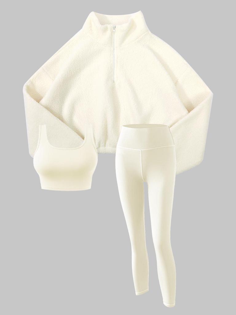 European & American Autumn/Winter Women's Fleece Three-Piece Set: High-Neck Half-Zip Sweatshirt, Vest, and Long Pants for Fitness.