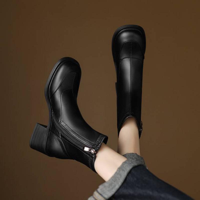 Autumn and Winter Leather High Heel Knight Boots Women's Rubber Sole Square Heel Round Head Korean Comfortable Side Zipper Women's Medium Boots