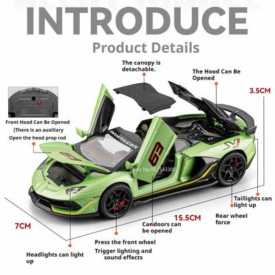 1:32 Scale SVJ63 Revuelto Sports Car Model Toy Alloy Body Rubber Tires Sound Light Supercar Models Kids Collection Presents