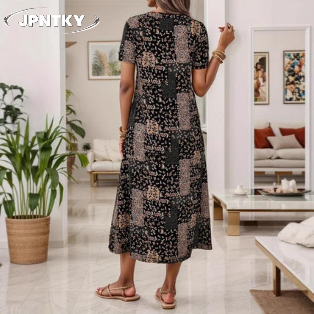JPNTKY Fashion Summer Spring Short Sleeve V-Neck Casual Dresses