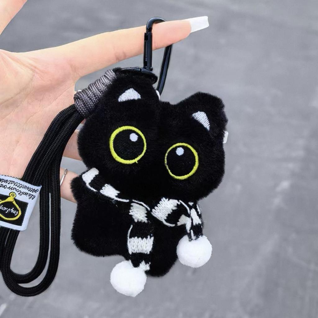 Χαριτωτή Μαύρη Γάτα Βελούδινη Κούκλα Μπρελόκ Κρεμαστό