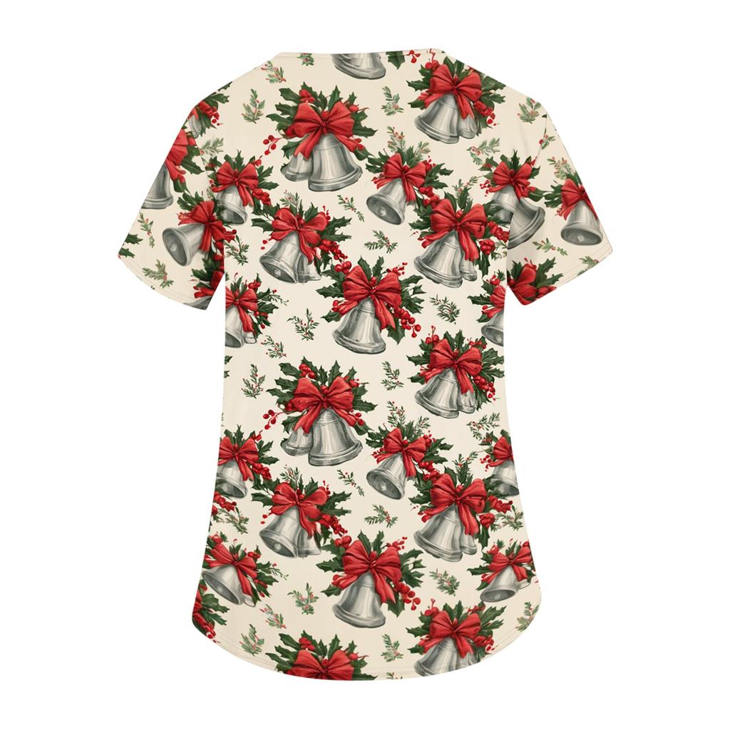 Women's Fashion Christmas Print V-Neck Short Sleeve Caregiver Work Top with Pockets