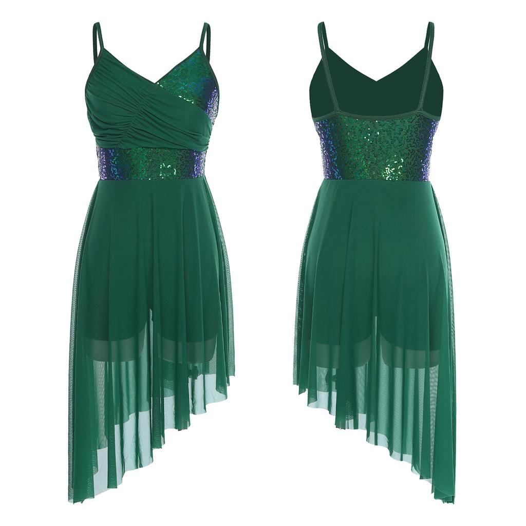 Women Lyrical Modern Dance Dress Sequin Asymmetrical Hem Leotard Skating Performance Costume