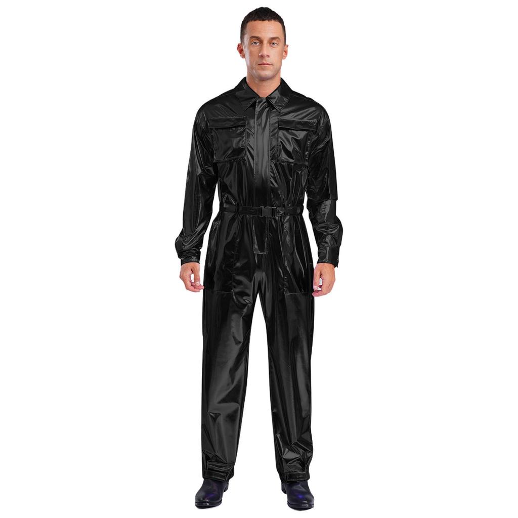 Glanzende Metallic Turn-down Kraag Lange Mouwen Hoge Taille Jumpsuit Heren Halloween Kostuum