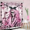 Funny Skull Skeleton Shower Curtain Halloween Pink Girl Gothic Spooky Black Flower Rose Floral Red Wine Unique Scary Women