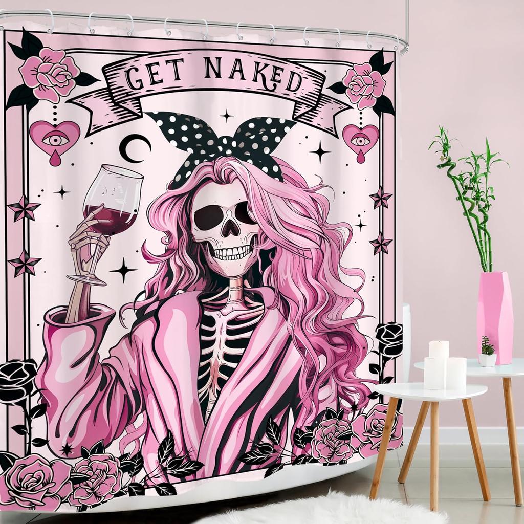 Funny Skull Skeleton Shower Curtain Halloween Pink Girl Gothic Spooky Black Flower Rose Floral Red Wine Unique Scary Women
