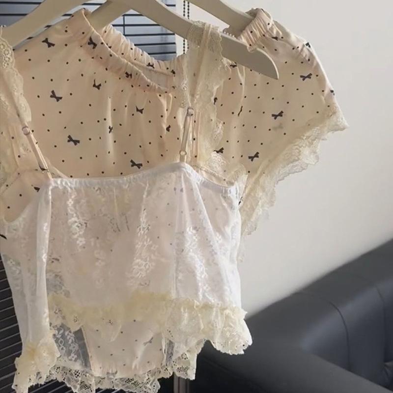 New sweet lace edge ice silk pajamas women's summer pure desire sexy suspender shorts loungewear with chest pad