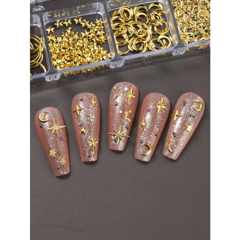 12 Grids Gold Moon Star Metallic Nail Charms 3D Y2K Jewelry Rhinestones Steel Ball Nail Art Decoration Manicure Supply Diy Nail Supplies