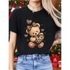 Unisexs Y2K Teddy Bear Heart Print ShortSleeve Top Cute Plaid Bow Tie with Heart Pattern Paired with BlackBrown Bear TShirt