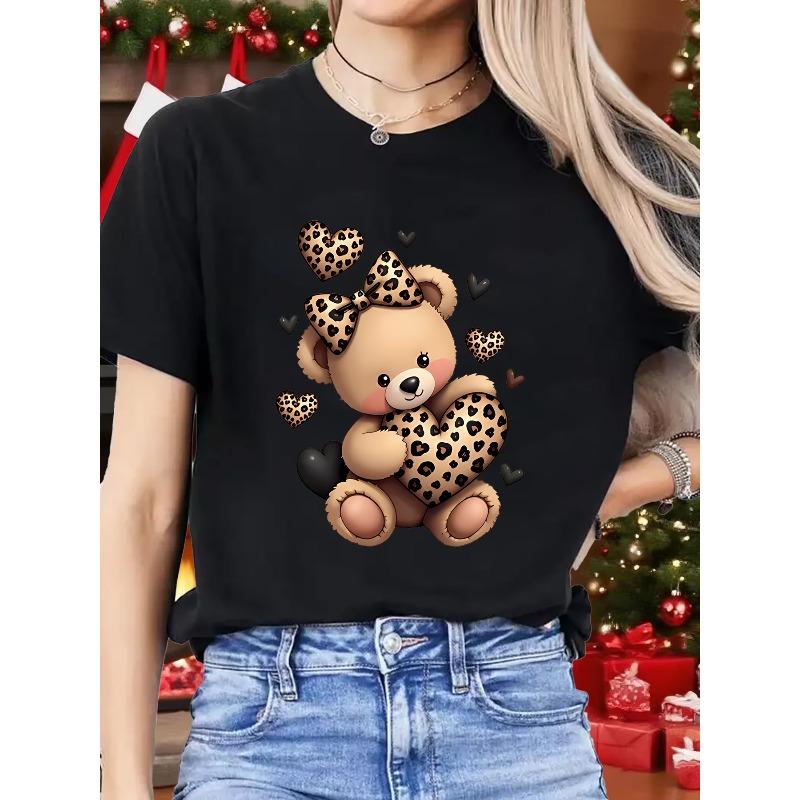 Unisexs Y2K Teddy Bear Heart Print ShortSleeve Top Cute Plaid Bow Tie with Heart Pattern Paired with BlackBrown Bear TShirt