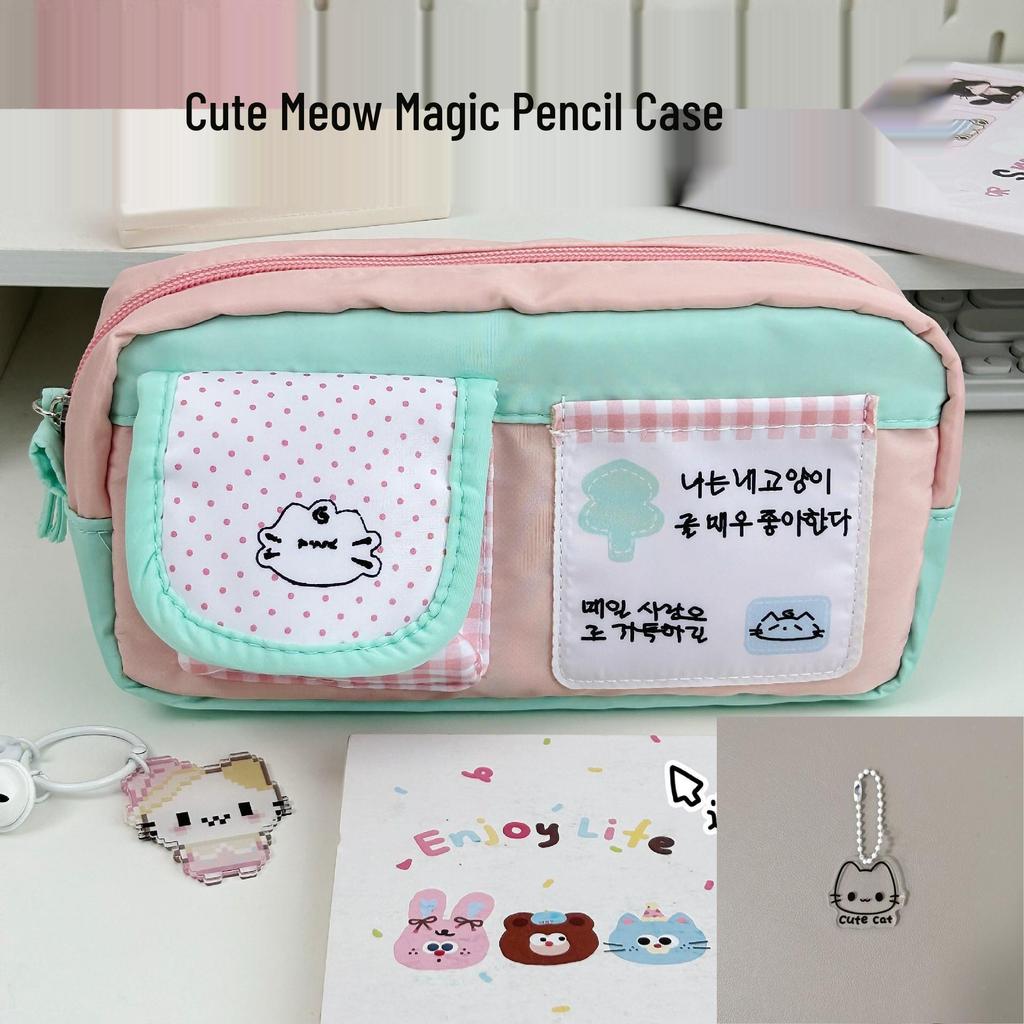 Pink & White Cartoon Kitten Pencil Case - Large Capacity for Girls, Trendy & Cute Stationery Bag for Students
