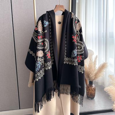 Winter Warm Cashmere Scarf for Women Floral Embroidery Pashmina Blanket Thick Shawl Wrap Neckerchief Elegant Poncho Bufanda