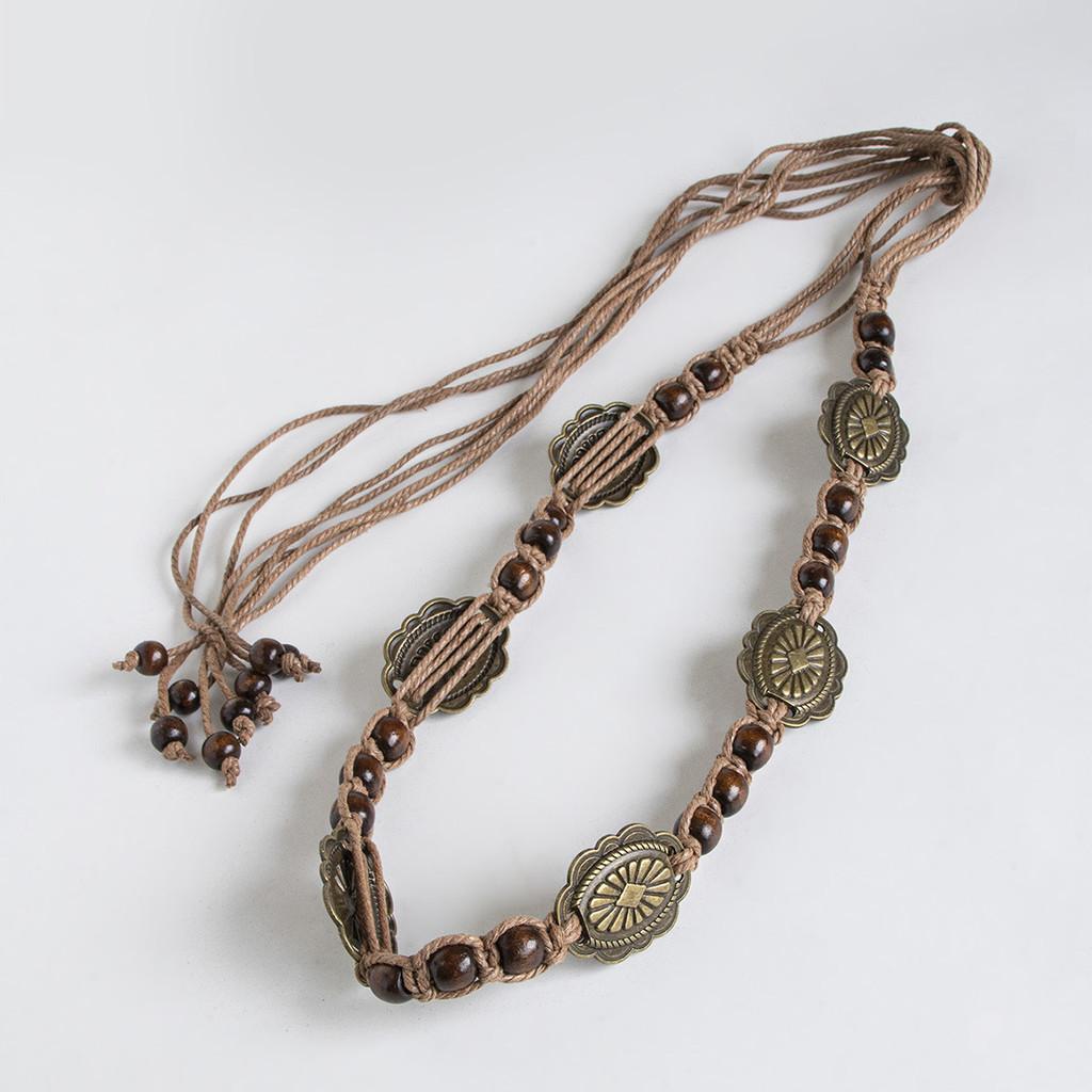 Metal Bohemian Style And Wooden Bead Decor Women Casual Woven Belt Daily For