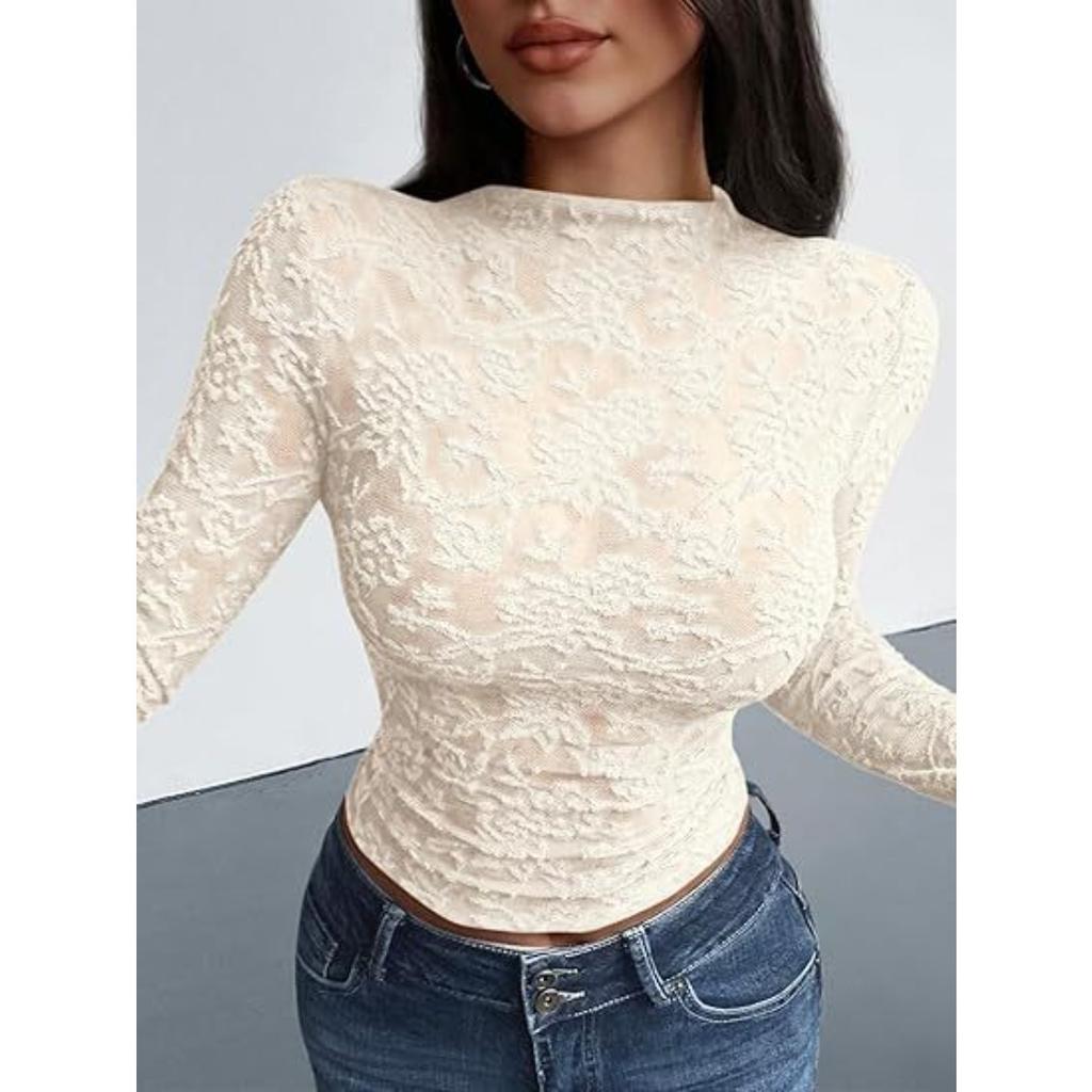 Autumn Sheer Mesh Floral Lace Blouse for Women, V-Neck Sexy Party Clubwear