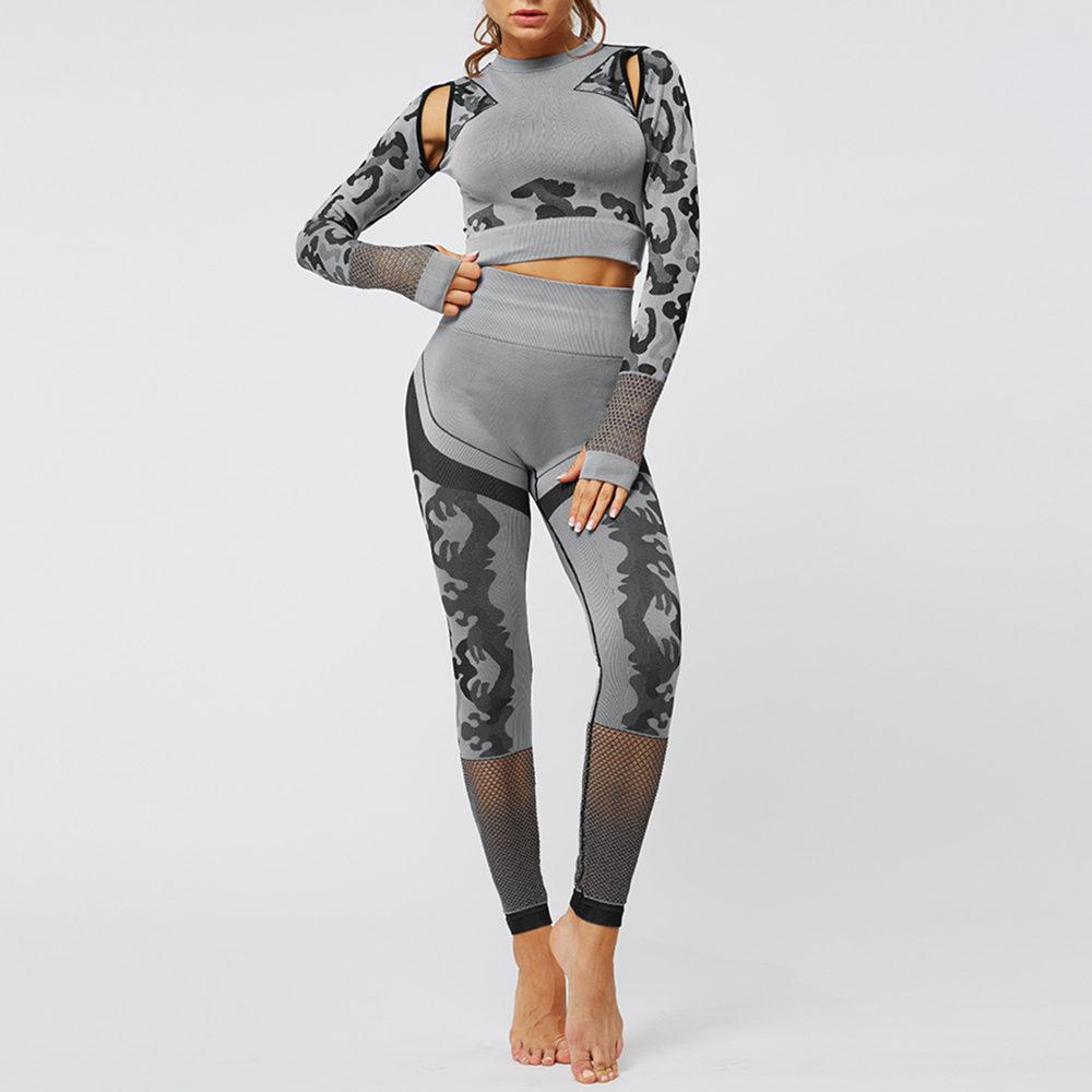 Gym Set Long Sleeve Shirts+Seamless Workout Leggings Womens Yoga Sports Suit