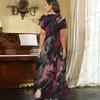 Women Plus Size V Neck Short Sleeve Blue Gray Printed Straight Maxi Dress