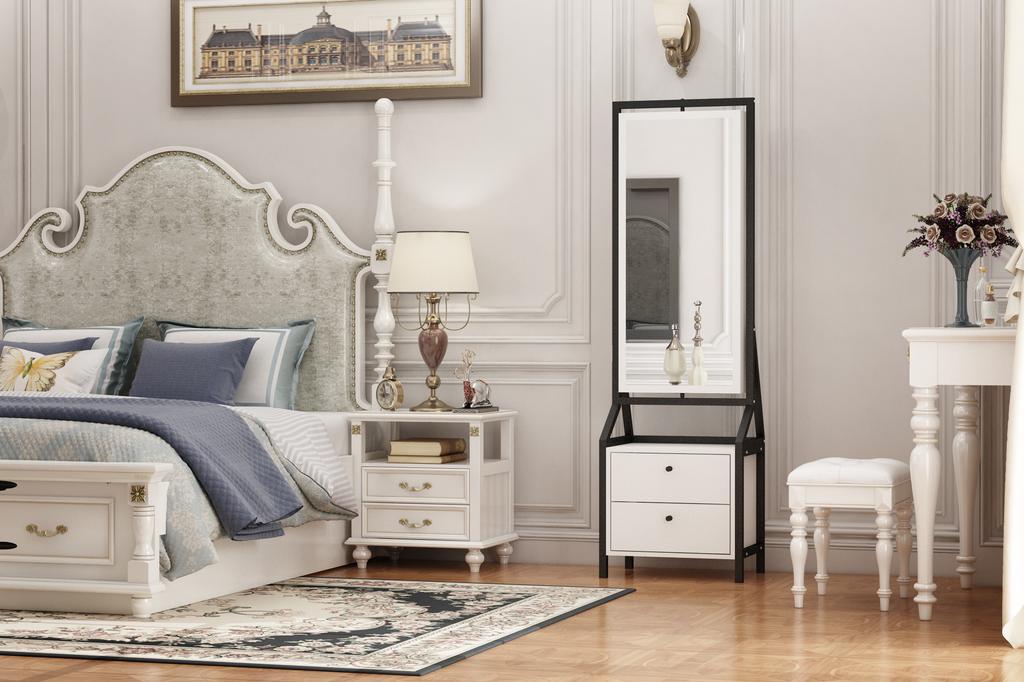 360 degrees Jewelry Cabinet with Full-Length Mirror, Rotating Jewelry Cabinet with 2 Lower Drawers, Freely Rotatable, Spacious Storage