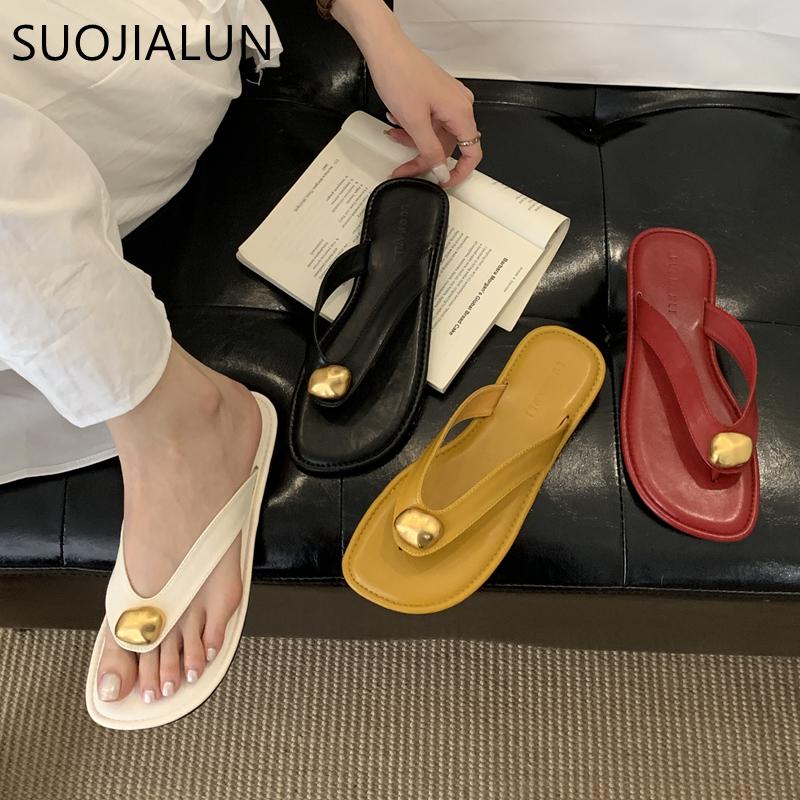 Fashion SUOJIALUN Summer New Brand Women Slipper Fashion Metal Buckle Slip On Flip Flop Shoes Soft Flat Heel Outdoor Casual Vacation Sli