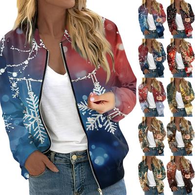 Women's Long Sleeved Lightweight Zipper Short Printed Jacket Casual Quilted Jacket With Pockets Christmas