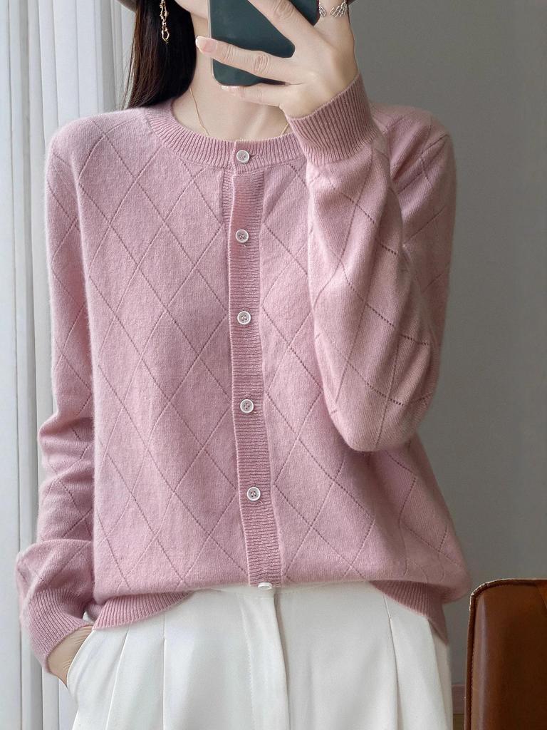 Women's 100% Wool Round Neck Cardigan - Autumn/Winter Versatile Short Sweater Coat