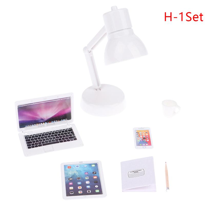 1:12 Dollhouse Miniature Laptop Phone Tablet Desk Lamp Book Desk Set Decor Toy