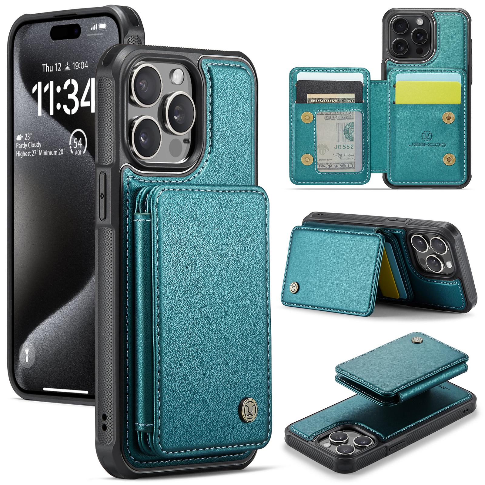 

JEEHOOD J05 For iPhone 16 Pro Max Case Leather Mobile Cover with Detachable Magnetic Card Bag Cyan