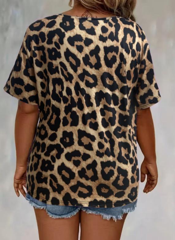 2026 Spring/Summer Plus Size Leopard Print Lace-up Short Sleeve Loose Women's Top
