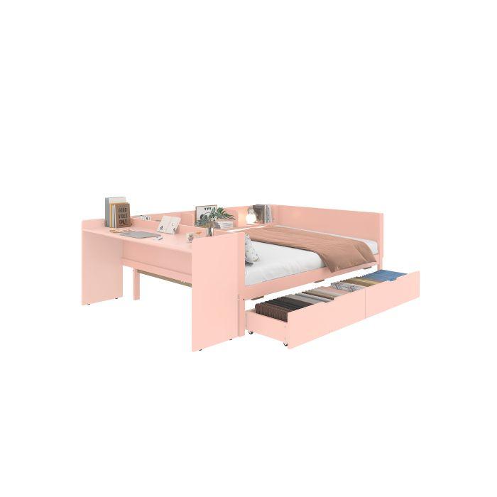 Lit double en bois - MUVOE - 140x200 cm - avec bureau - 2 tiroirs - couleur rose