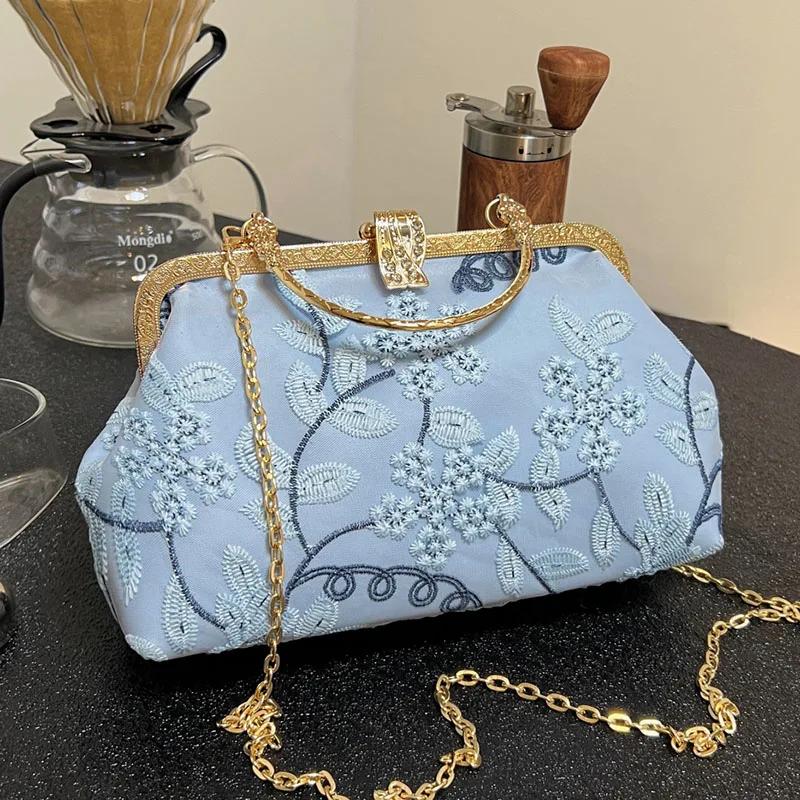 Vintage Designer Handmade Wedding Clutch for Women Chic Lock Shell Clip Lady Handbags and Purse Shoulder Chain Messenger Bags